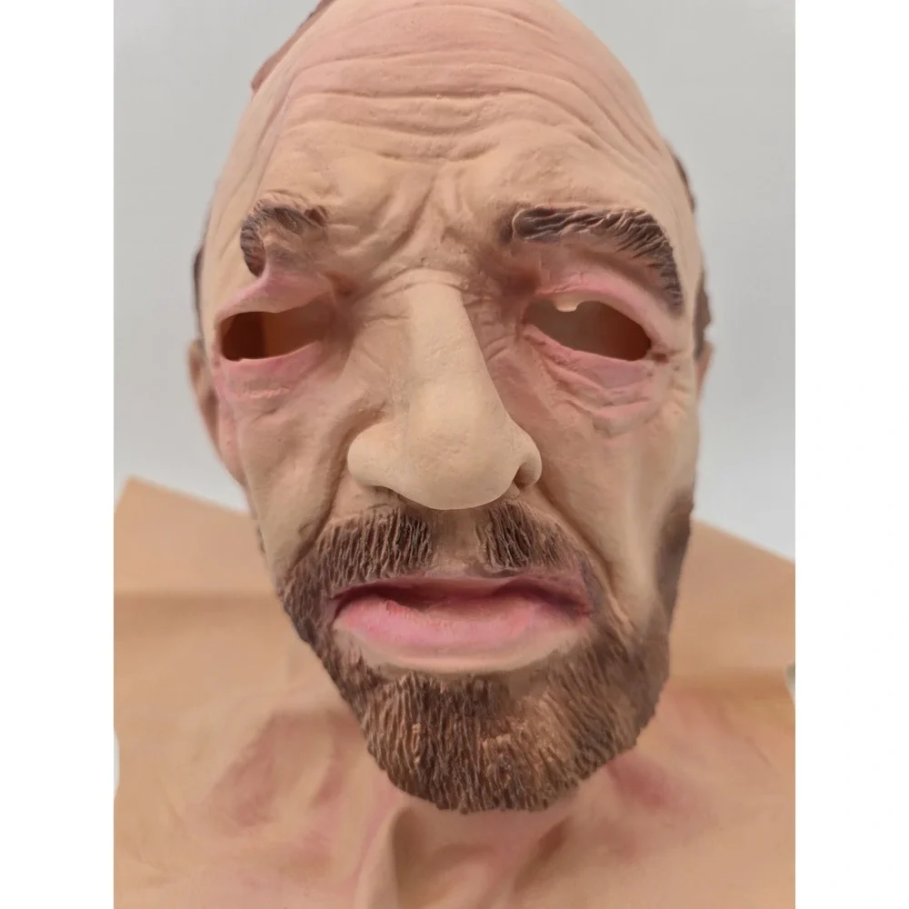 Full Head Mask Old‎ Man Brown Hair Beard Wrinkles Bald Creepy Halloween